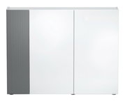 Moderner XL-Schuhschrank mit zwei weißen Türen und grauer, geriffelter Seitenverkleidung, Frontalansicht.