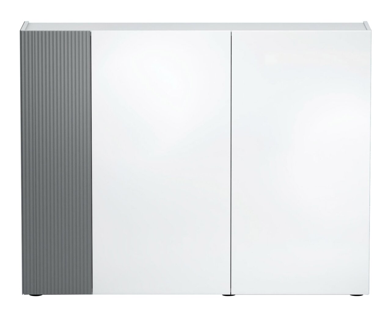 Moderne XL-schoenenkast met twee witte deuren en grijze, geribbelde zijpanelen, gezien van voren.