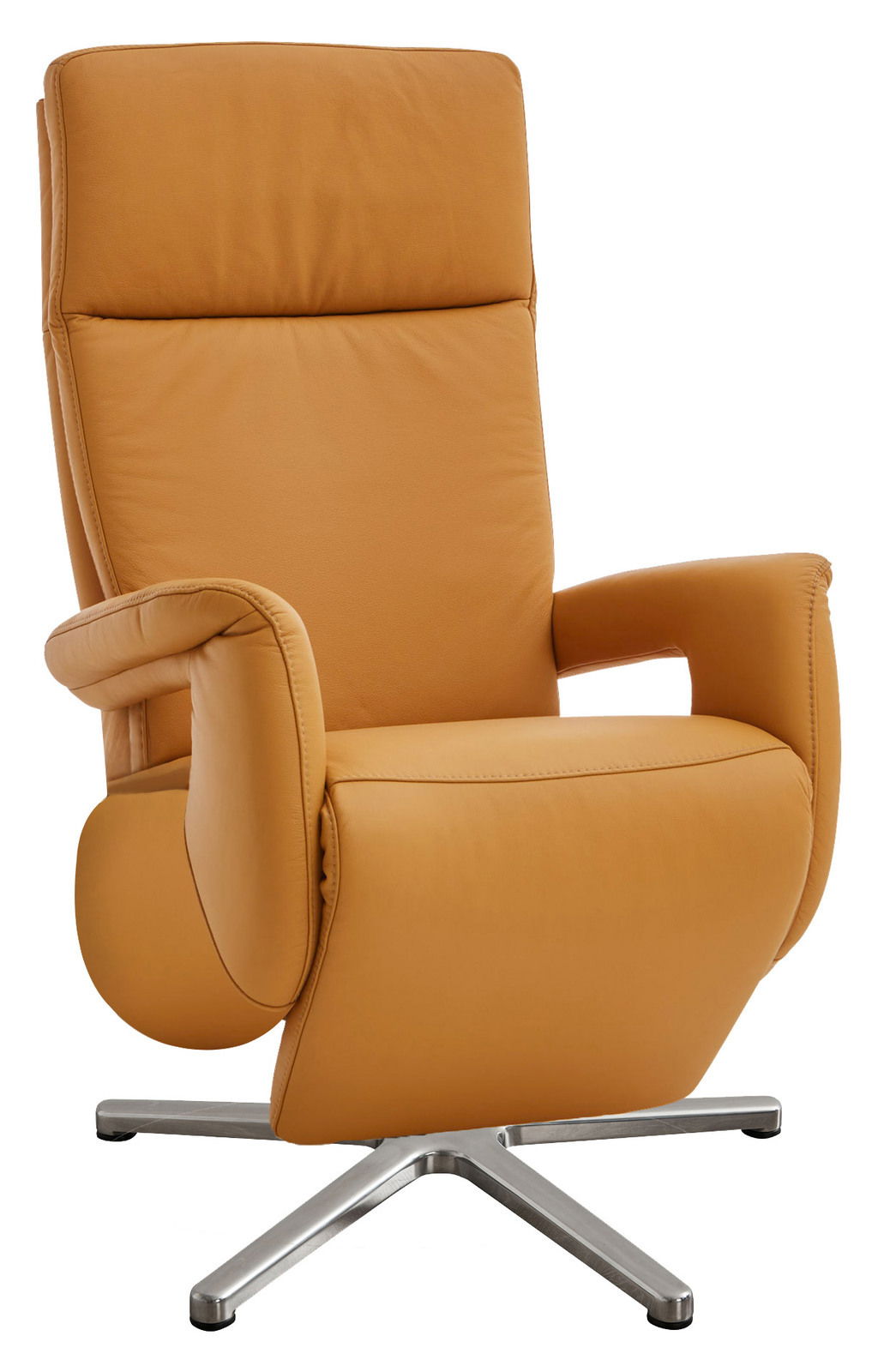Cantus Fernsehsessel ERGOLINE STYLE Moderner Fernsehsessel in hellbraunem Leder mit verstellbarer Rückenlehne und drehbarem Metallfuß, seitliche Perspektive
