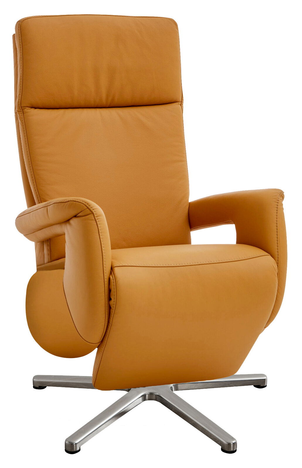 Moderner Fernsehsessel in hellbraunem Leder mit verstellbarer Rückenlehne und drehbarem Metallfuß, seitliche Perspektive