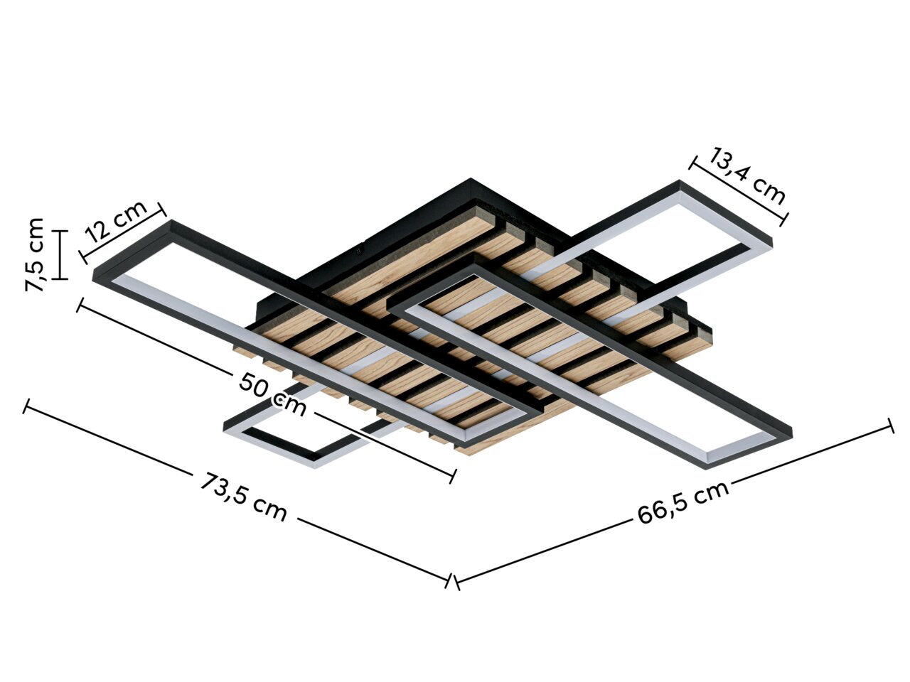 Moderne LED-Deckenleuchte mit rechteckigen Rahmen und Holzdetails, seitliche Perspektive.
