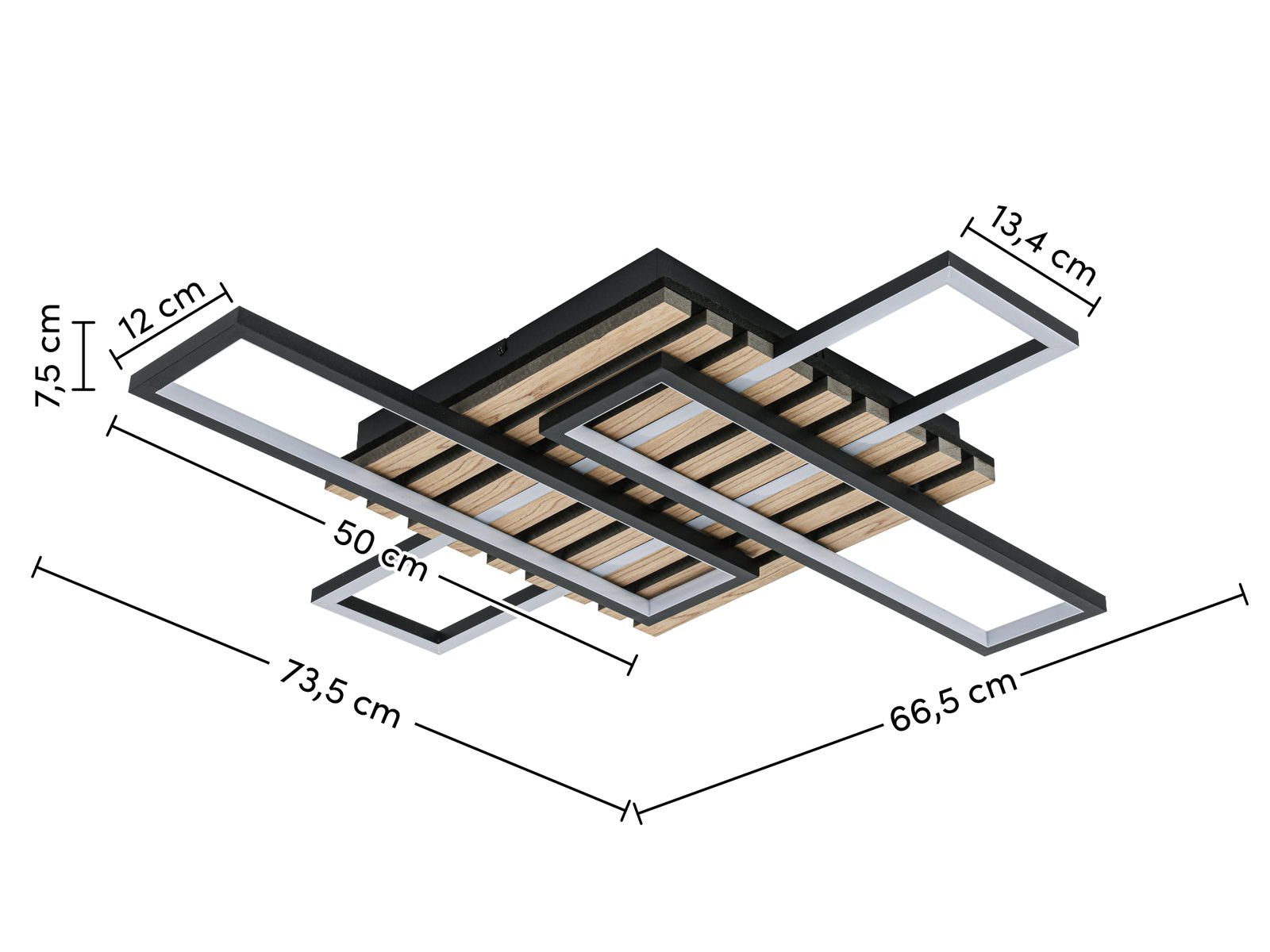 Moderne LED-Deckenleuchte mit rechteckigen Rahmen und Holzdetails, seitliche Perspektive.