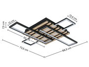 Moderne LED-Deckenleuchte mit rechteckigen Rahmen und Holzdetails, seitliche Perspektive.