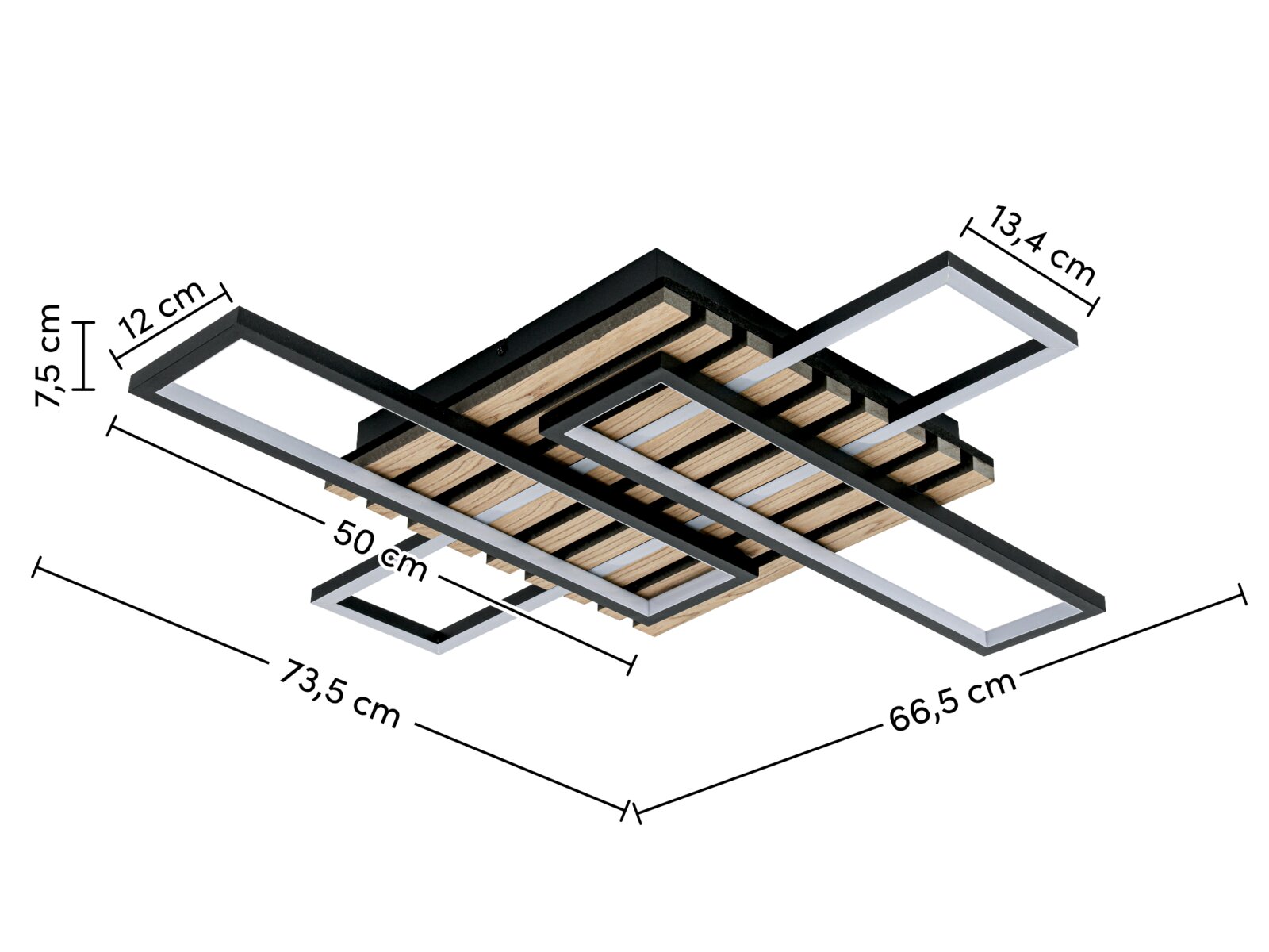 Moderne LED-Deckenleuchte mit rechteckigen Rahmen und Holzdetails, seitliche Perspektive.