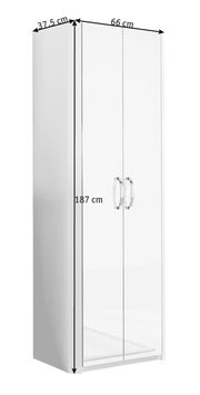 Mehrzweckschrank in Weiß mit zwei Türen und silbernen Griffen, abgebildet aus einer leicht seitlichen Perspektive.