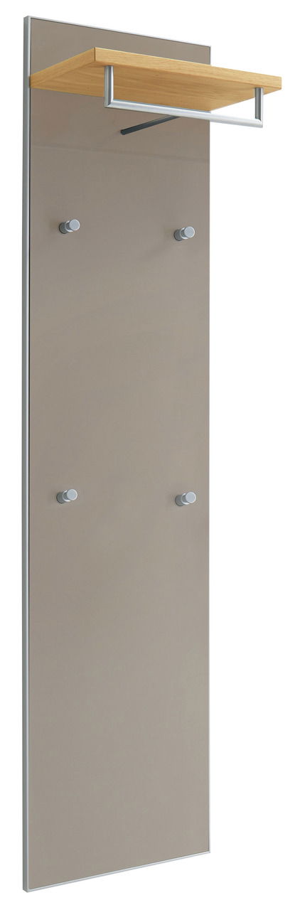 Garderobenpaneel mit Holzablage und vier Haken, seitliche Perspektive