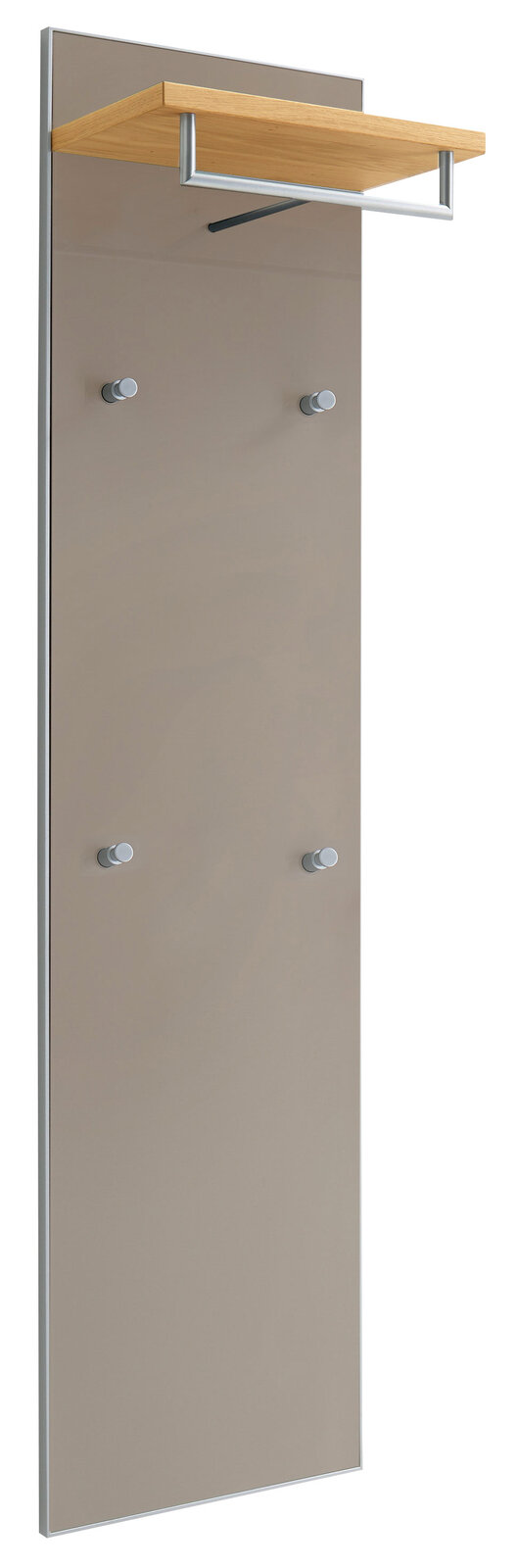 Garderobenpaneel mit Holzablage und vier Haken, seitliche Perspektive