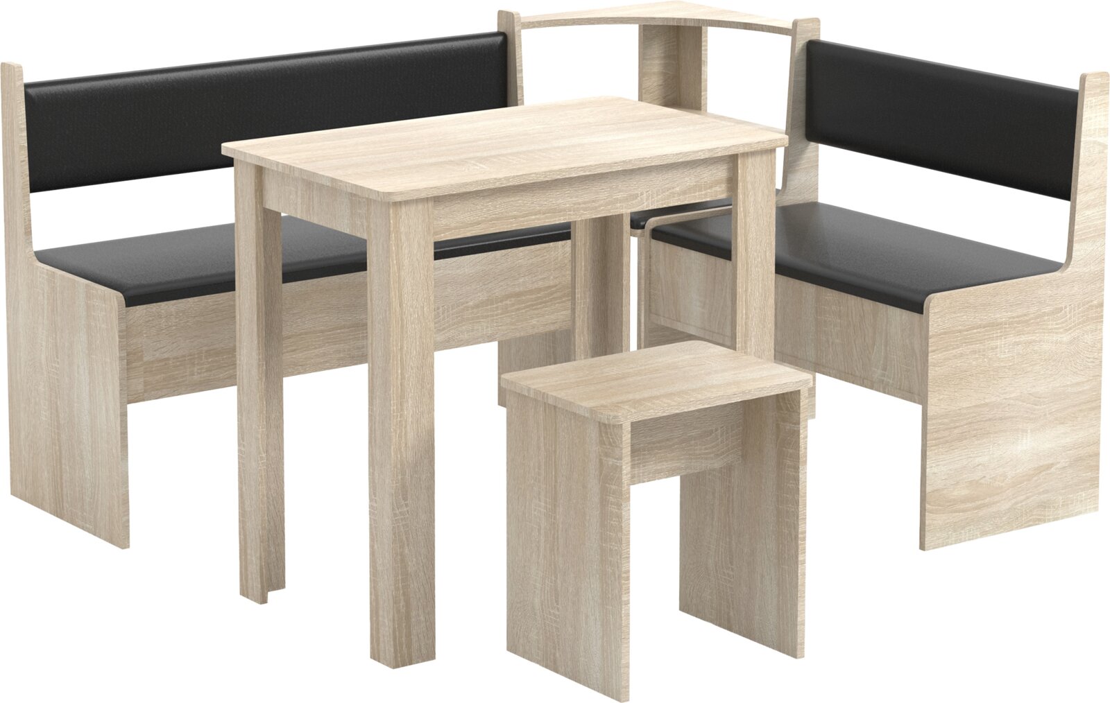 VCM Eckbank-Set ESAL Essgruppe mit zwei Eckbänken und rechteckigem Tisch in heller Holzoptik, schwarze Sitz- und Rückenpolster, inklusive kleinem Hocker, perspektivische Ansicht schräg von vorne