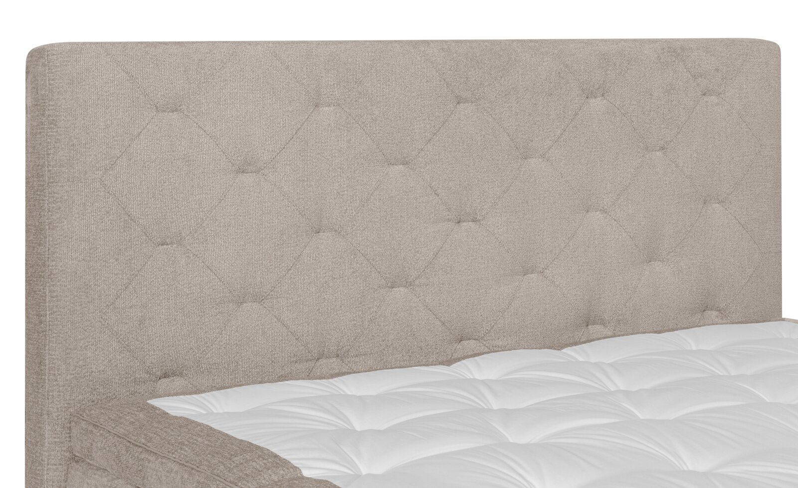 Nahaufnahme eines Boxspringbetts mit gepolstertem Kopfteil in beige, seitliche Perspektive