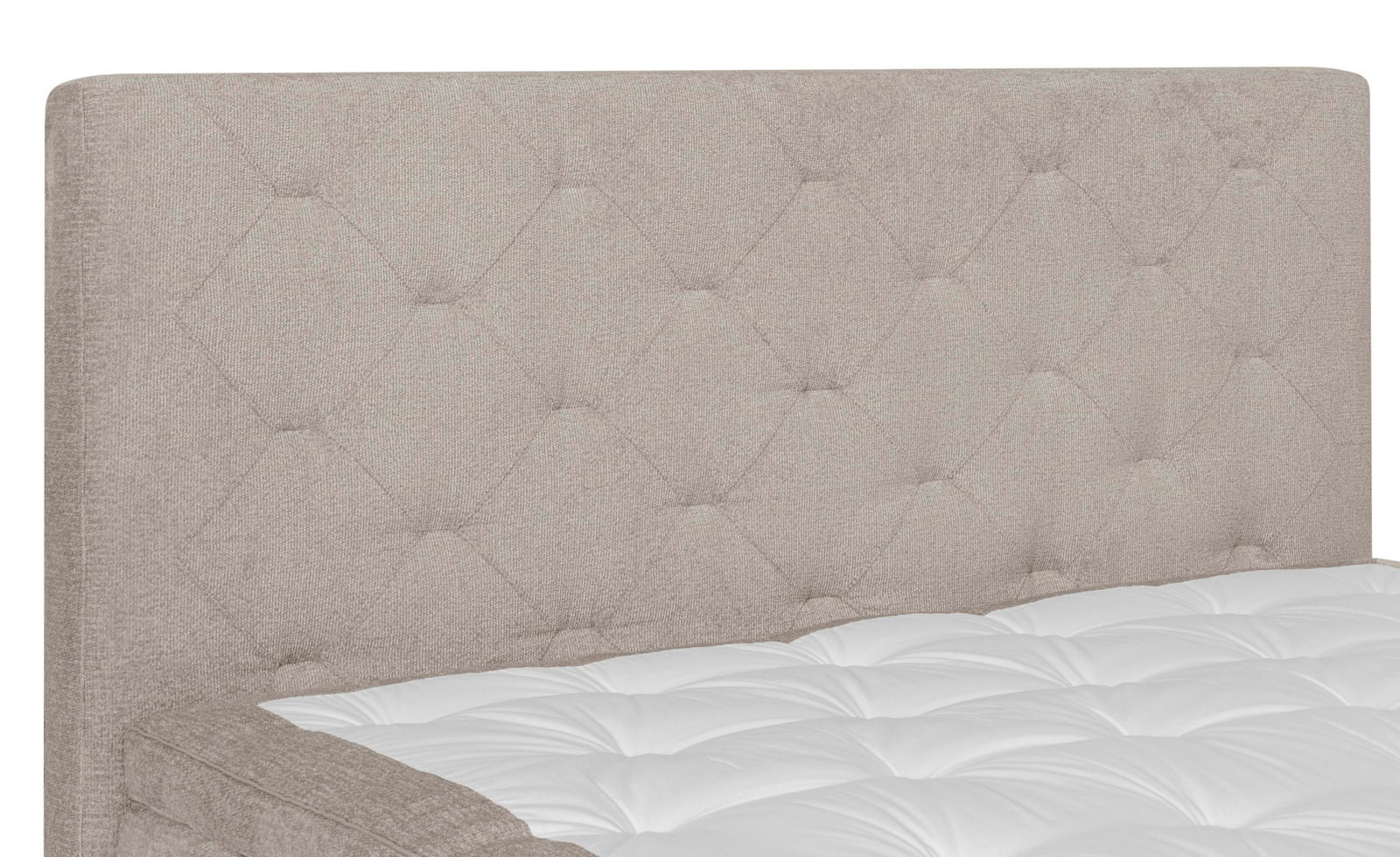 Nahaufnahme eines Boxspringbetts mit gepolstertem Kopfteil in beige, seitliche Perspektive