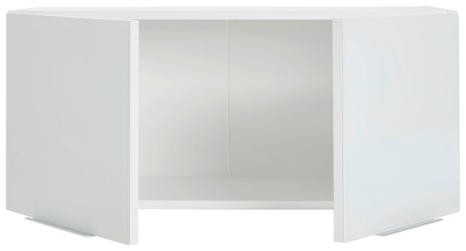 Weißer Aufsatzschrank mit zwei offenen Türen, frontale Ansicht
