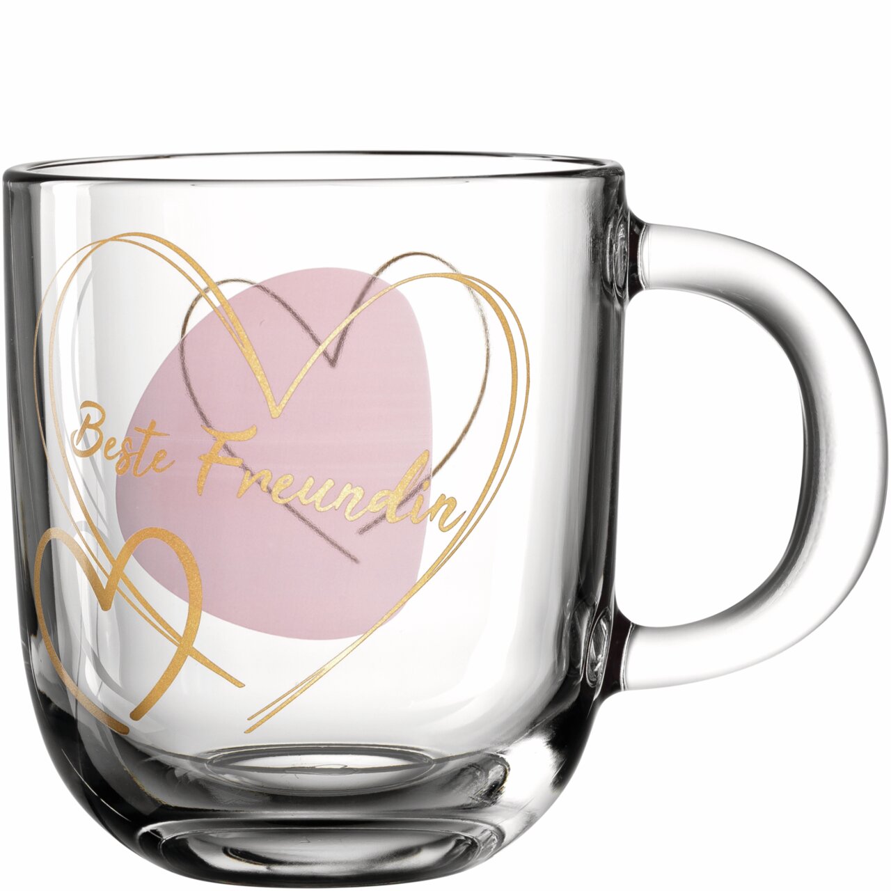 Glas-Tasse mit der Aufschrift 'Beste Freundin' in goldener Schrift, verziert mit goldenen Herzen und einem rosa Hintergrund, seitliche Perspektive.