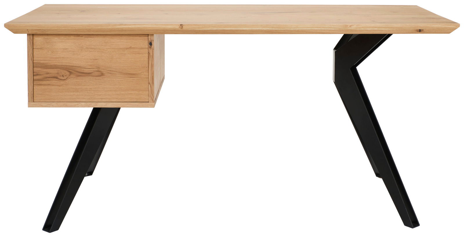 Moderner Schreibtisch aus Holz mit schwarzem Metallgestell, seitliche Perspektive