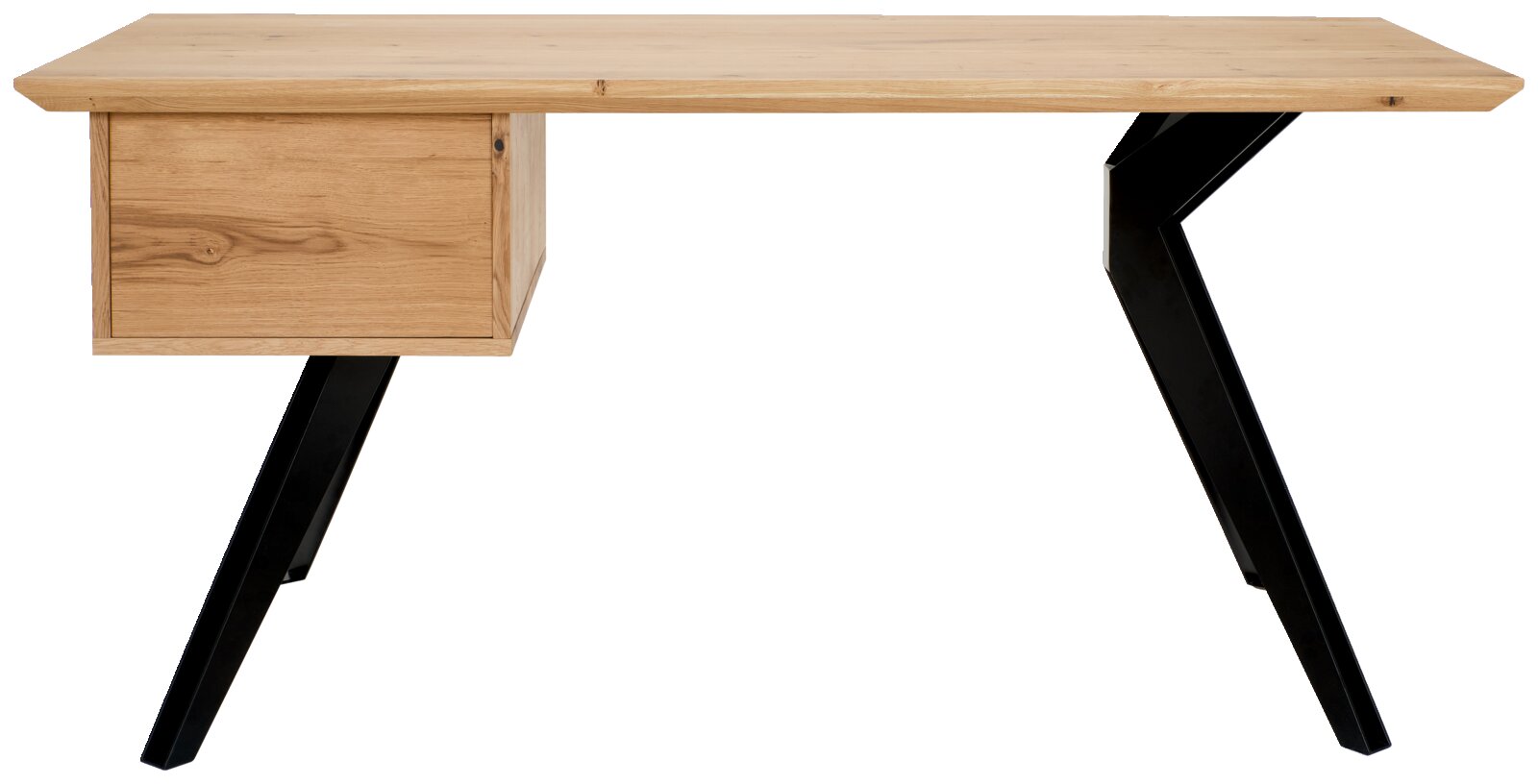 Moderner Schreibtisch aus Holz mit schwarzem Metallgestell, seitliche Perspektive