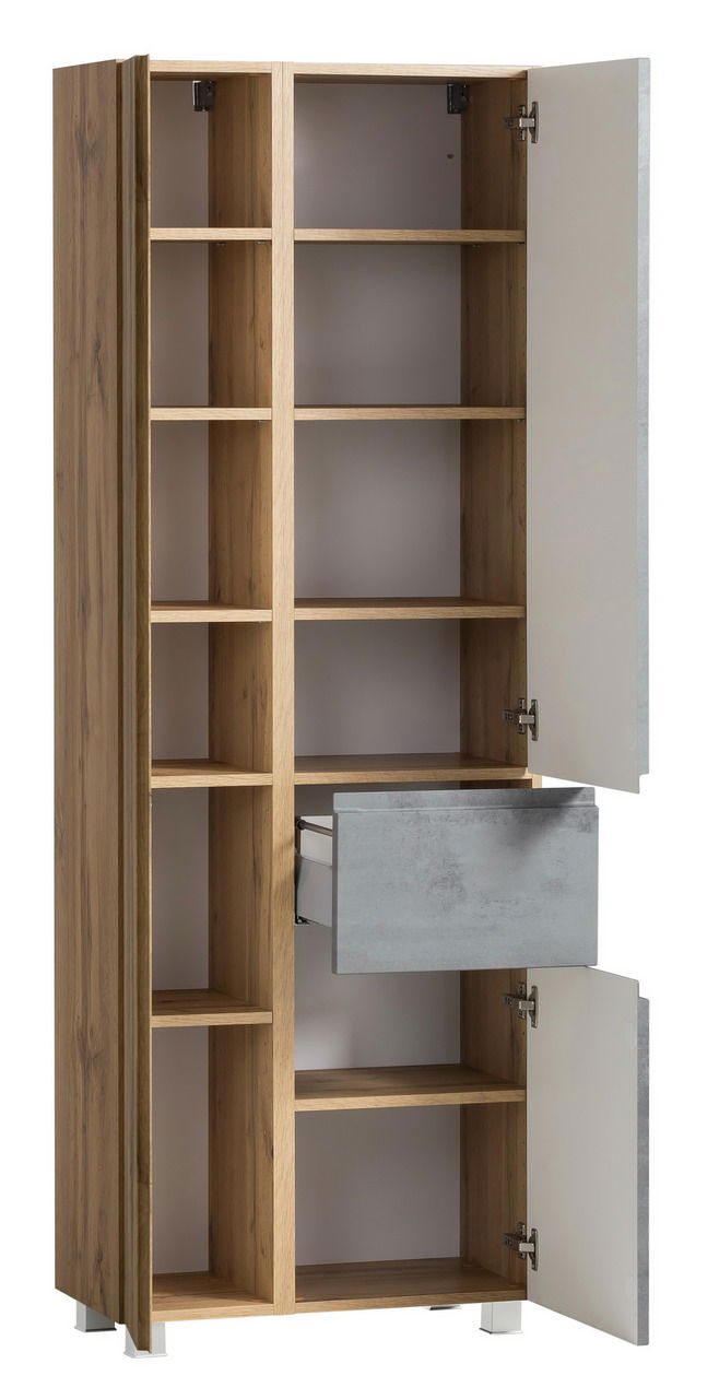 Hochschrank aus Holz mit offenen Türen, mehreren Regalböden und einer ausgezogenen Schublade, frontale Perspektive.