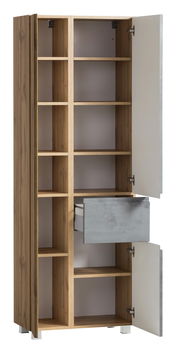 Hochschrank aus Holz mit offenen Türen, mehreren Regalböden und einer ausgezogenen Schublade, frontale Perspektive.