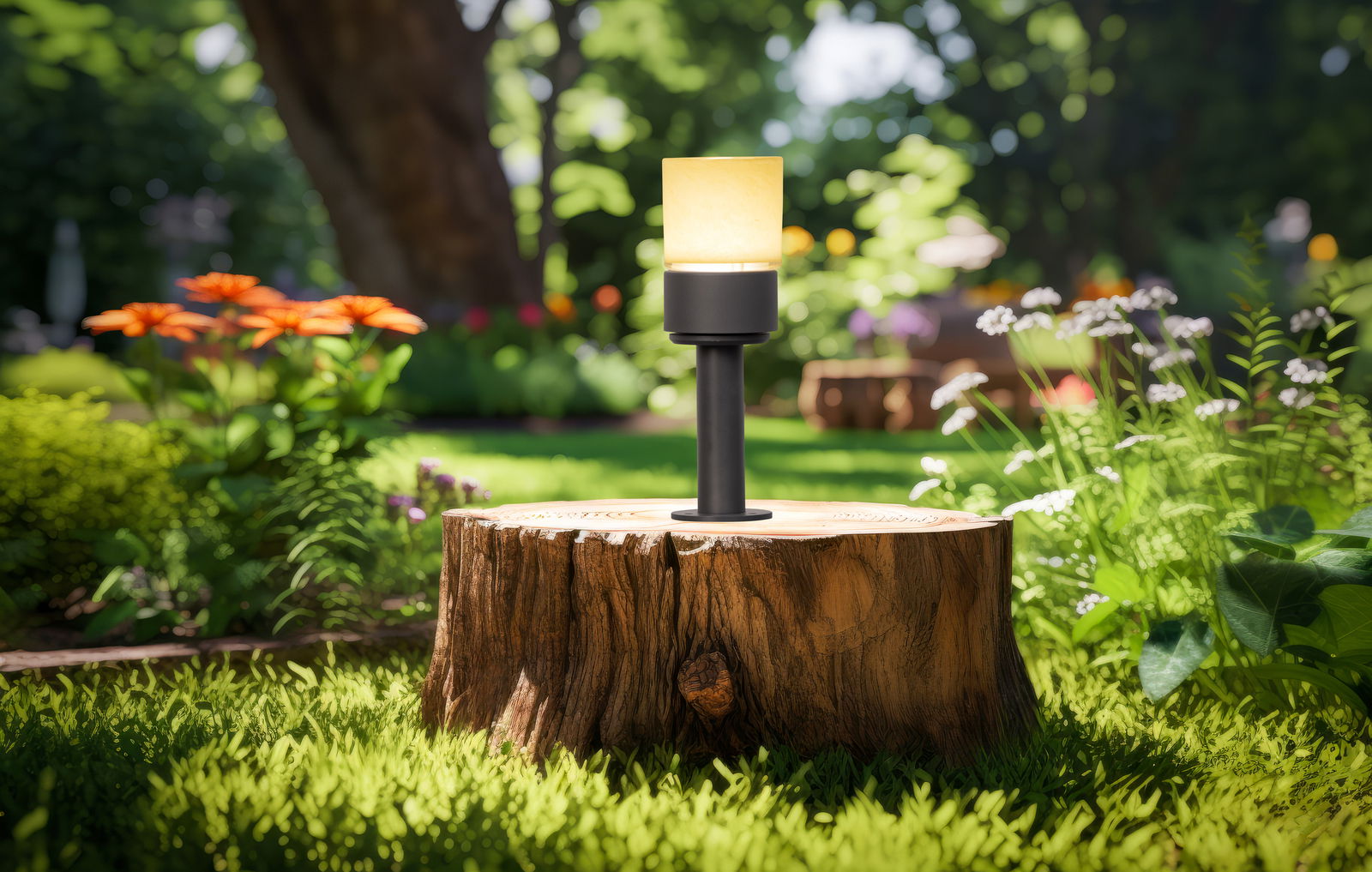 Ein modernes Akku-Windlicht auf einem Baumstumpf im Garten, umgeben von bunten Blumen und grünem Laub, aus der Perspektive von vorne betrachtet.