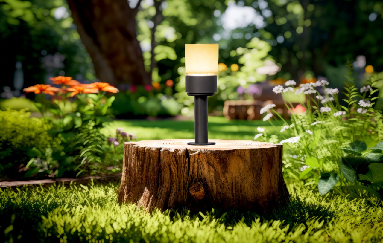 Ein modernes Akku-Windlicht auf einem Baumstumpf im Garten, umgeben von bunten Blumen und grünem Laub, aus der Perspektive von vorne betrachtet.
