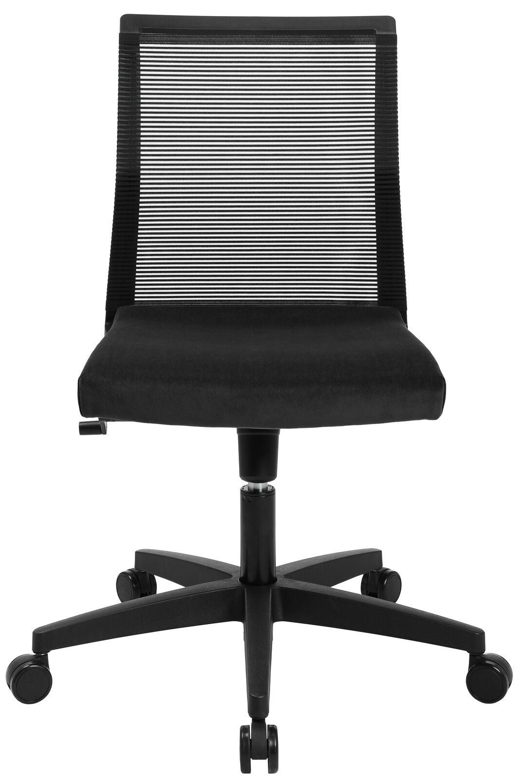 Moderner schwarzer Drehstuhl mit Netzrückenlehne, Vorderansicht