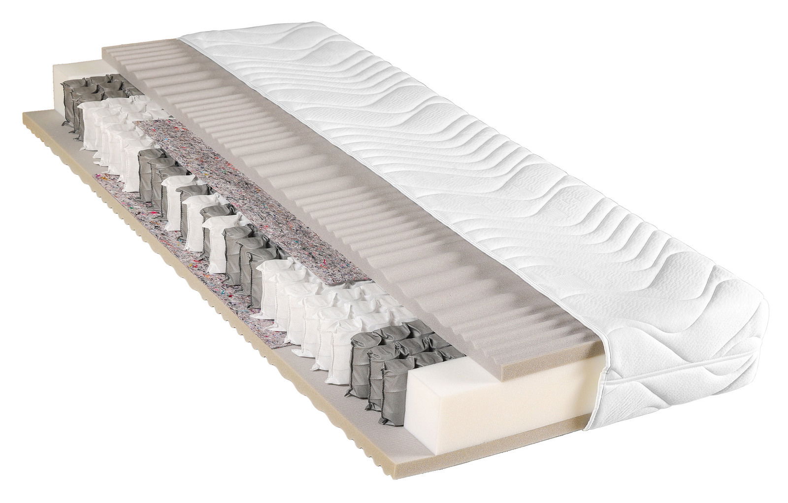 Sleeptex Taschenfederkernmatratze H5 ACTIVE STRONG Querschnitt einer Taschenfederkernmatratze H5 mit verschiedenen Schichten, seitliche Perspektive