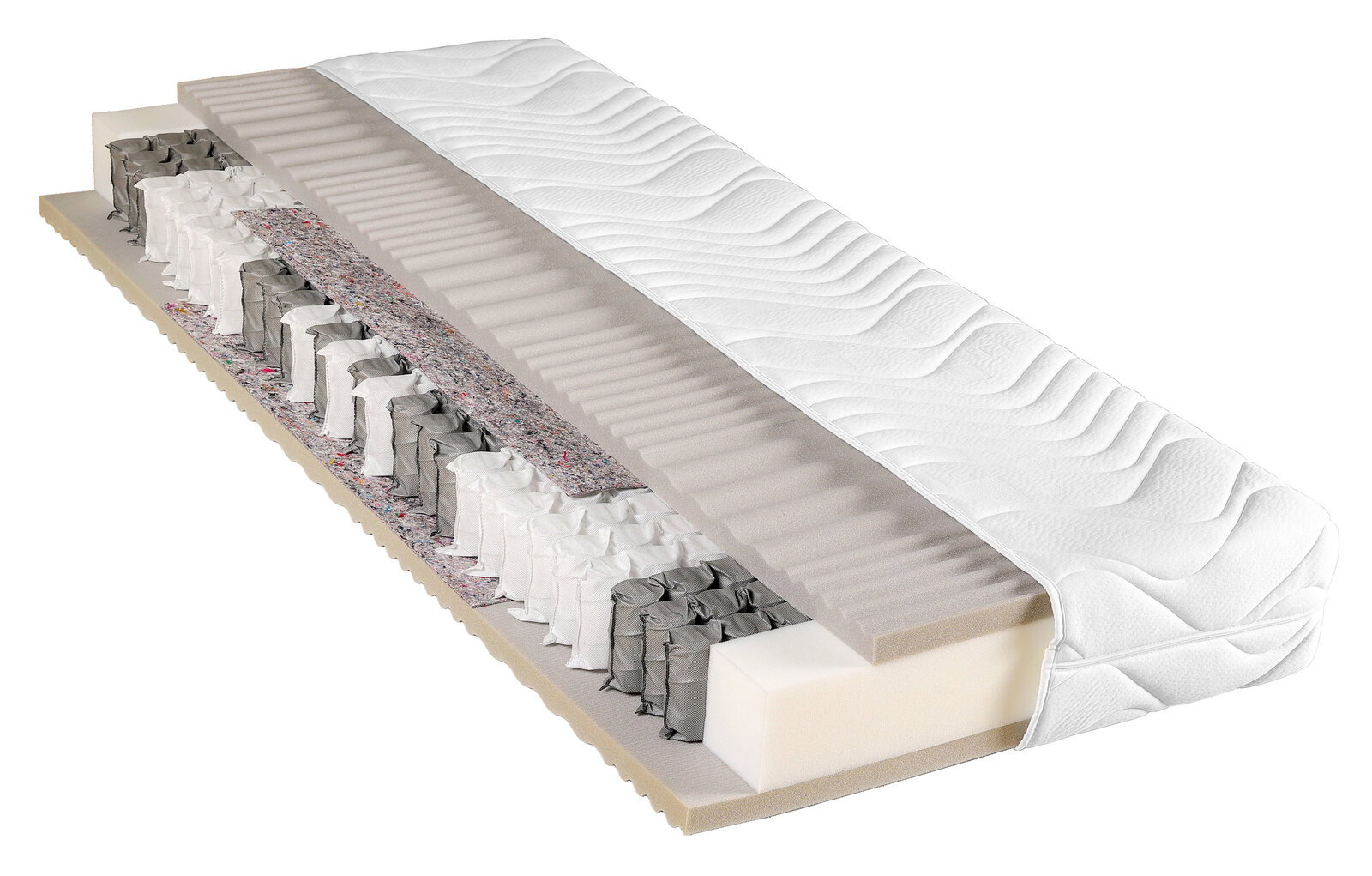 Sleeptex Taschenfederkernmatratze H5 ACTIVE STRONG Querschnitt einer Taschenfederkernmatratze H5 mit verschiedenen Schichten, seitliche Perspektive