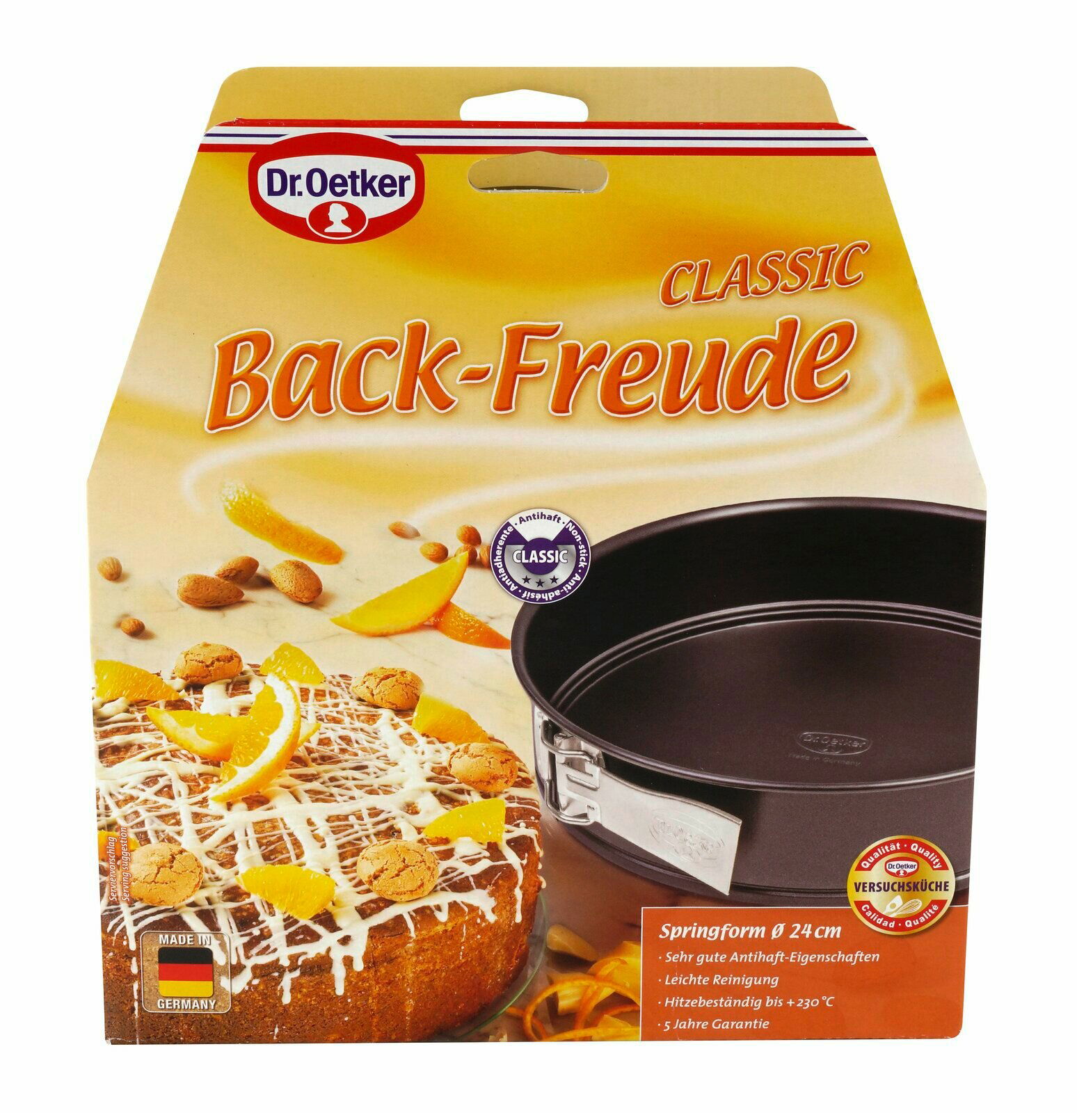 Dr. Oetker Springform 24cm aus der Serie Back-Freude, abgebildet in einer Verpackung mit einem gebackenen Kuchen und der Springform in Vorderansicht.