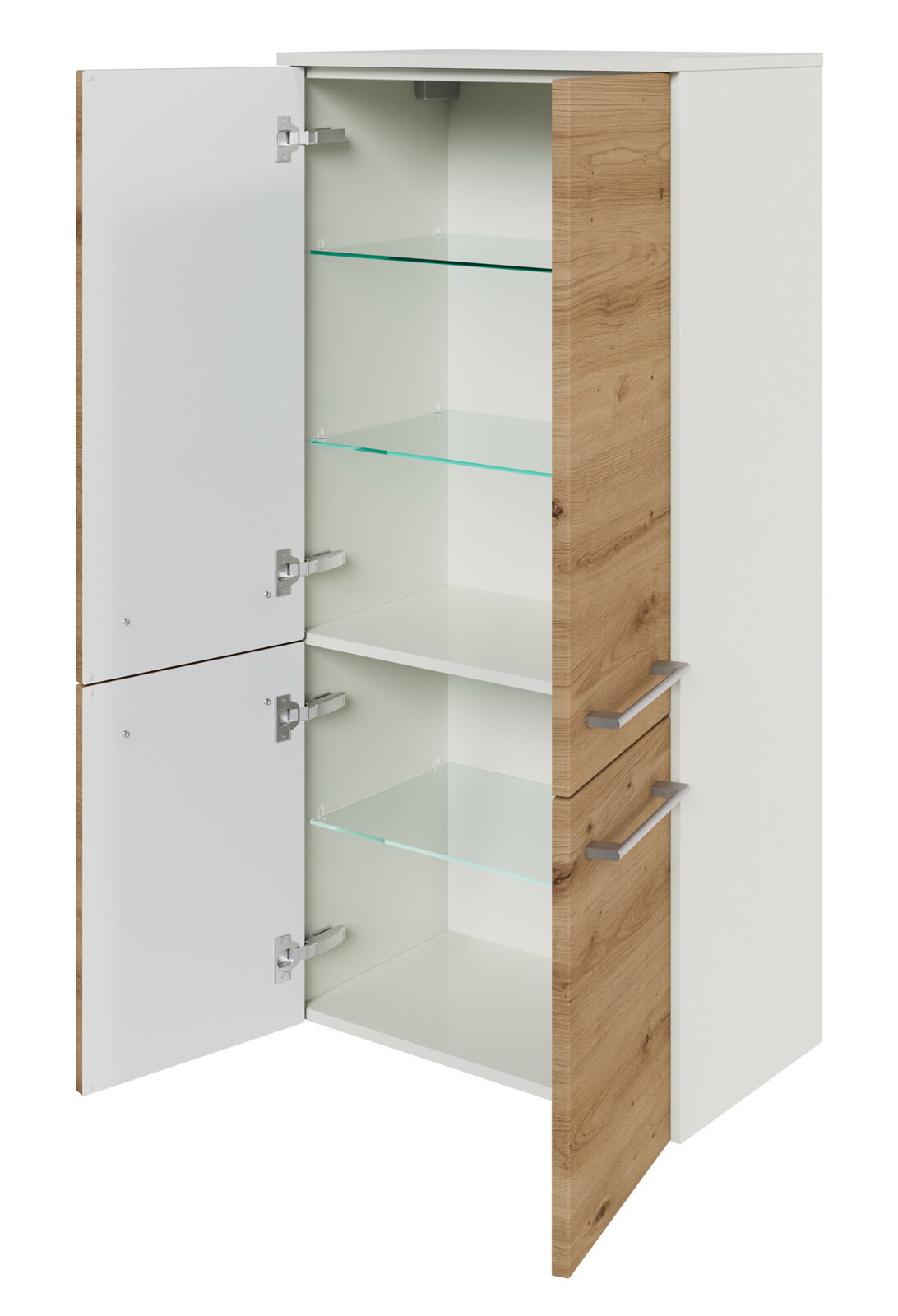 Midischrank 60,2 cm mit Holzoptik und weißen Türen, geöffnet, zeigt Glasregale, Perspektive von vorne.