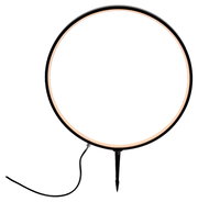 Erdspießleuchte ZIRKULU in runder Form, seitliche Perspektive, mit schwarzem Rahmen und integriertem Kabel.
