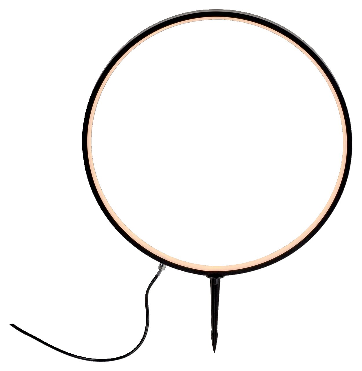 Erdspießleuchte ZIRKULU in runder Form, seitliche Perspektive, mit schwarzem Rahmen und integriertem Kabel.