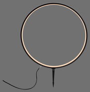 Erdspießleuchte ZIRKULU in runder Form, seitliche Perspektive, mit schwarzem Rahmen und integriertem Kabel.