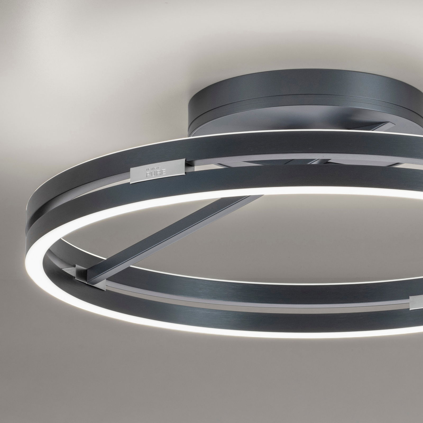 Moderne Deckenleuchte PURE Loop von Paul Neuhaus in seitlicher Perspektive, mit elegantem, kreisförmigem Design und LED-Beleuchtung.