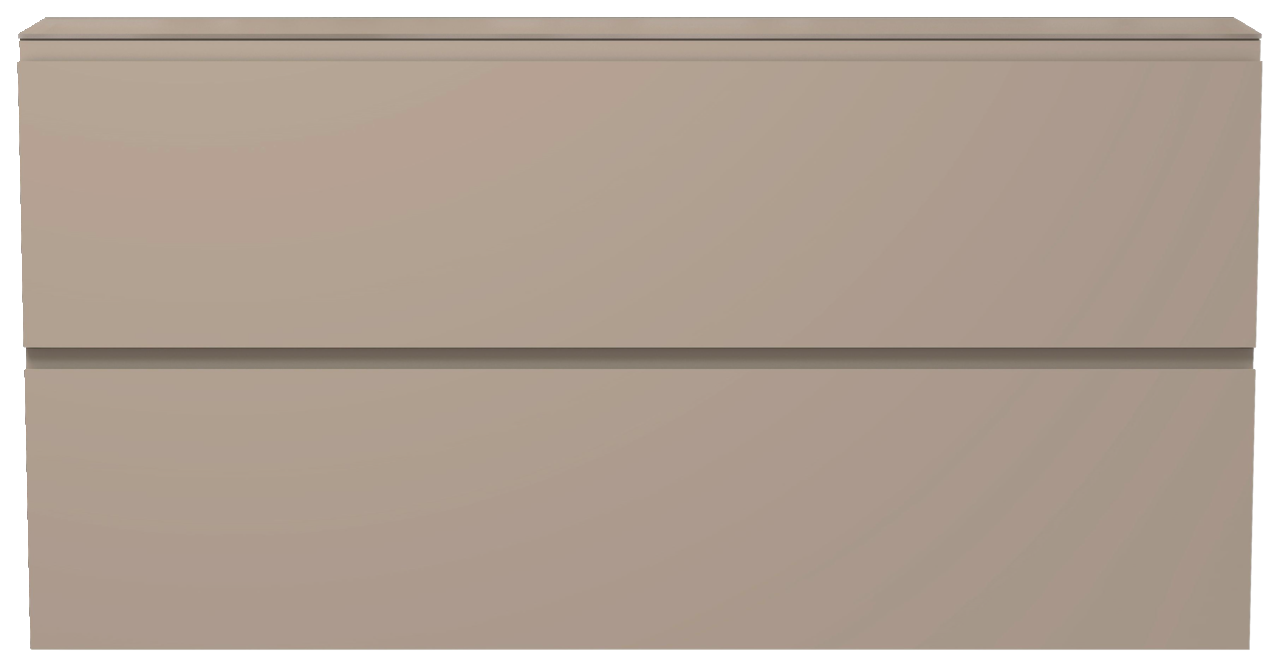 Frontansicht eines modernen, beigen XL-Hängeschuhschranks mit zwei Schubladen.