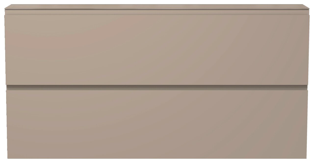 Frontansicht eines modernen, beigen XL-Hängeschuhschranks mit zwei Schubladen.