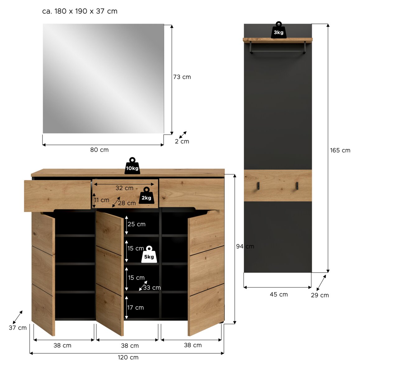 Maatschets van een garderobeset in eikenlook met zwarte achterwand: Spiegel (80×73×2 cm), schoenenkast/ladekast (120×94×37 cm) met open deuren en binnenvakken, evenals wandpaneel met legplank en haken (45×165×29 cm), vooraanzicht.