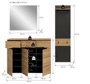 Maatschets van een garderobeset in eikenlook met zwarte achterwand: Spiegel (80×73×2 cm), schoenenkast/ladekast (120×94×37 cm) met open deuren en binnenvakken, evenals wandpaneel met legplank en haken (45×165×29 cm), vooraanzicht.