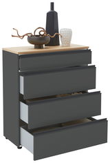 Schubkastenkommode mit vier offenen Schubladen, dekoriert mit Vasen und Schale, seitliche Perspektive