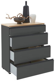 Schubkastenkommode mit vier offenen Schubladen, dekoriert mit Vasen und Schale, seitliche Perspektive