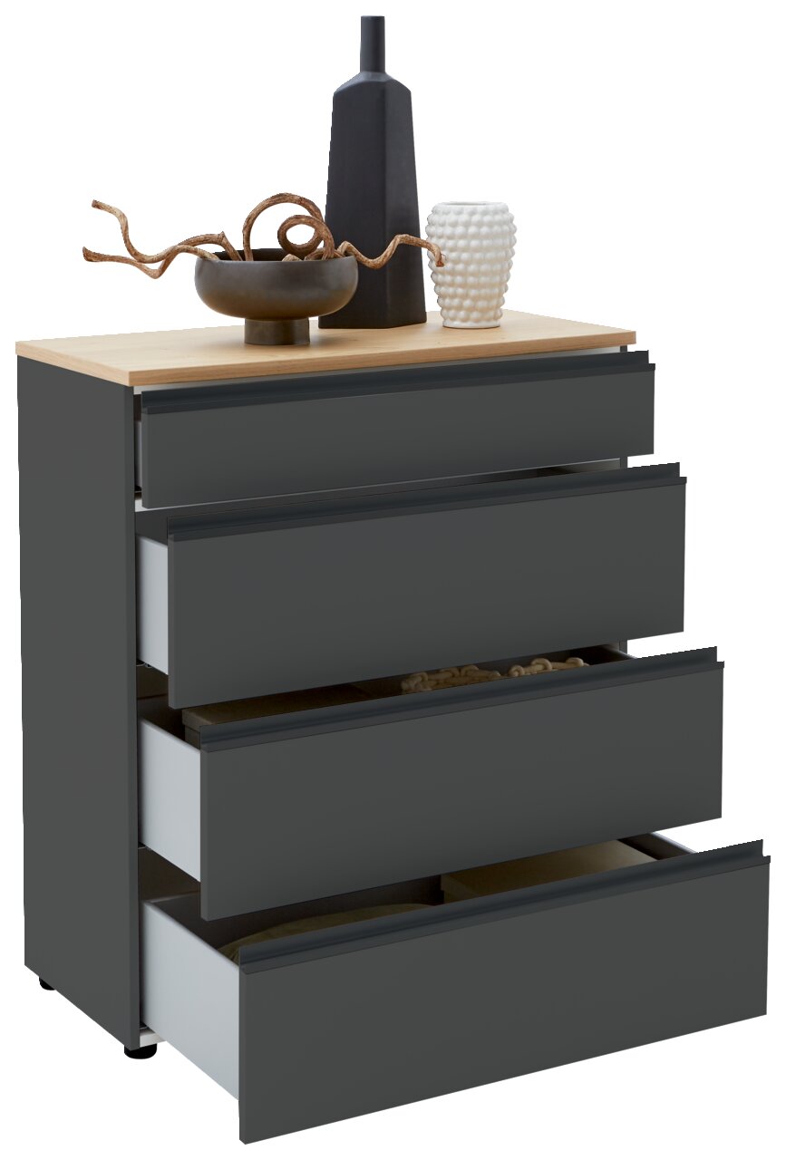 Schubkastenkommode mit vier offenen Schubladen, dekoriert mit Vasen und Schale, seitliche Perspektive