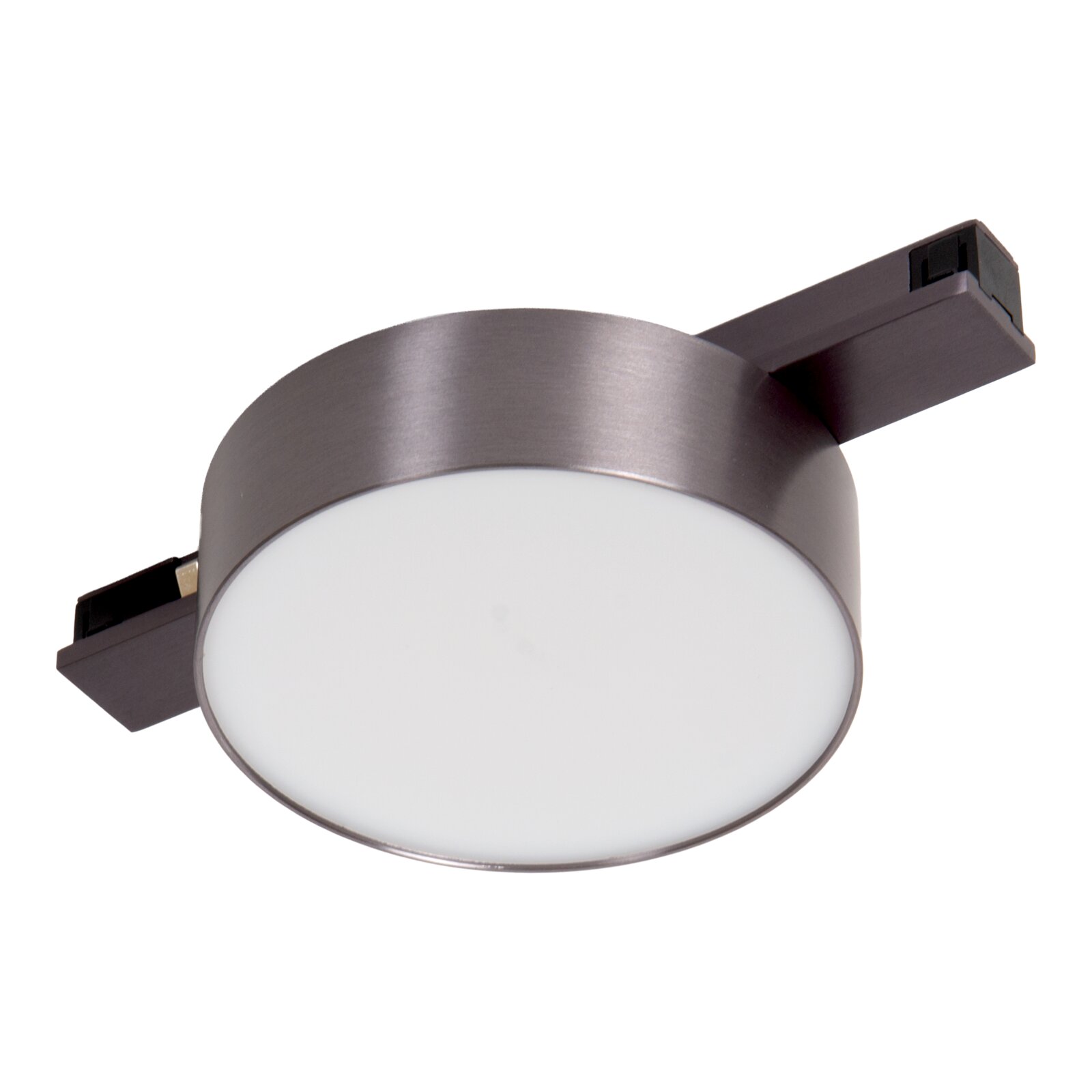 Ronde plafondlamp met mat metalen behuizing en witte diffuser, met twee rechthoekige montagearmen, getoond in schuin onderaanzicht op witte achtergrond