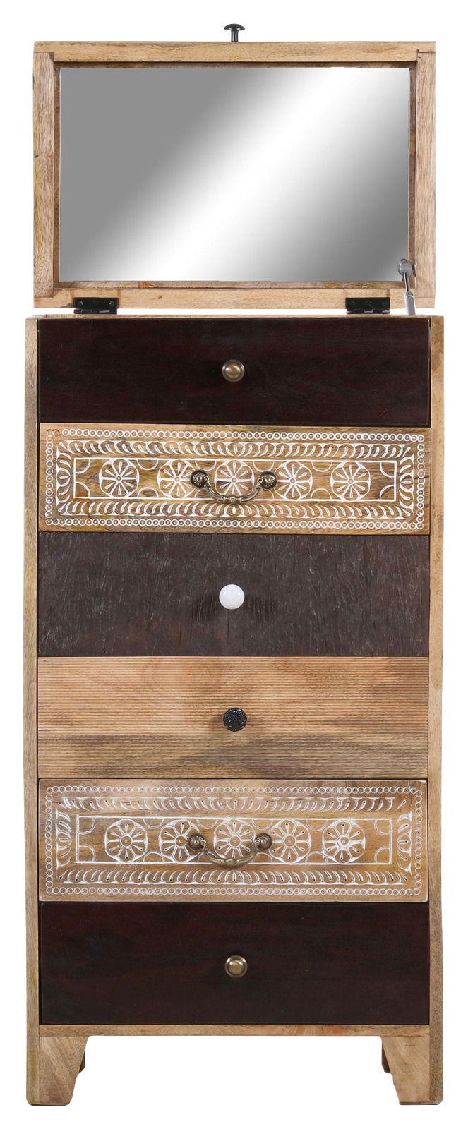 Schubkastenkommode mit Spiegel, frontal abgebildet, mit verschiedenen Schubladen in unterschiedlichen Holzfarben und dekorativen Mustern.