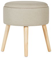 Beiger Hocker mit gepolsterter Sitzfläche und hellen Holzbeinen, seitliche Perspektive