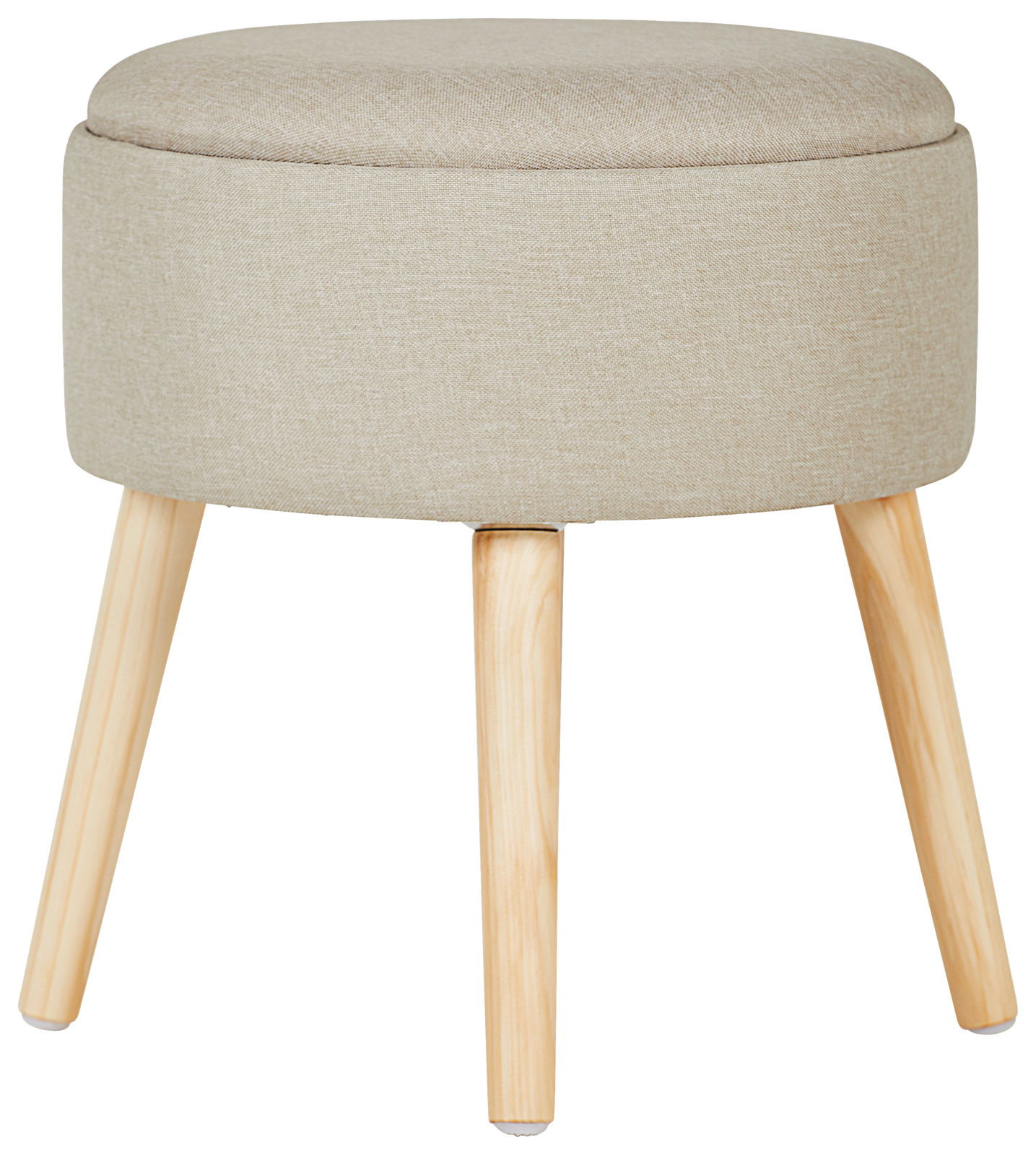 Beiger Hocker mit gepolsterter Sitzfläche und hellen Holzbeinen, seitliche Perspektive