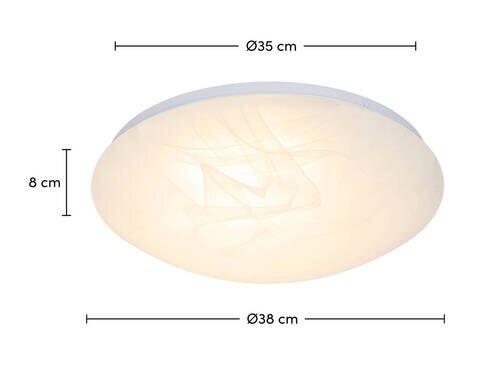 Runde LED-Deckenleuchte mit einem Durchmesser von 38 cm und einer Höhe von 8 cm, seitliche Perspektive.