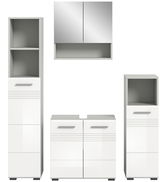 Moderne Badkombination in Weiß mit Spiegelschrank, Hochschrank und Unterschrank, frontal abgebildet.