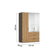 Moderner Kleiderschrank mit Holzoptik und Spiegeltüren, frontal abgebildet, Maße: 223 cm hoch, 151 cm breit, 59 cm tief.