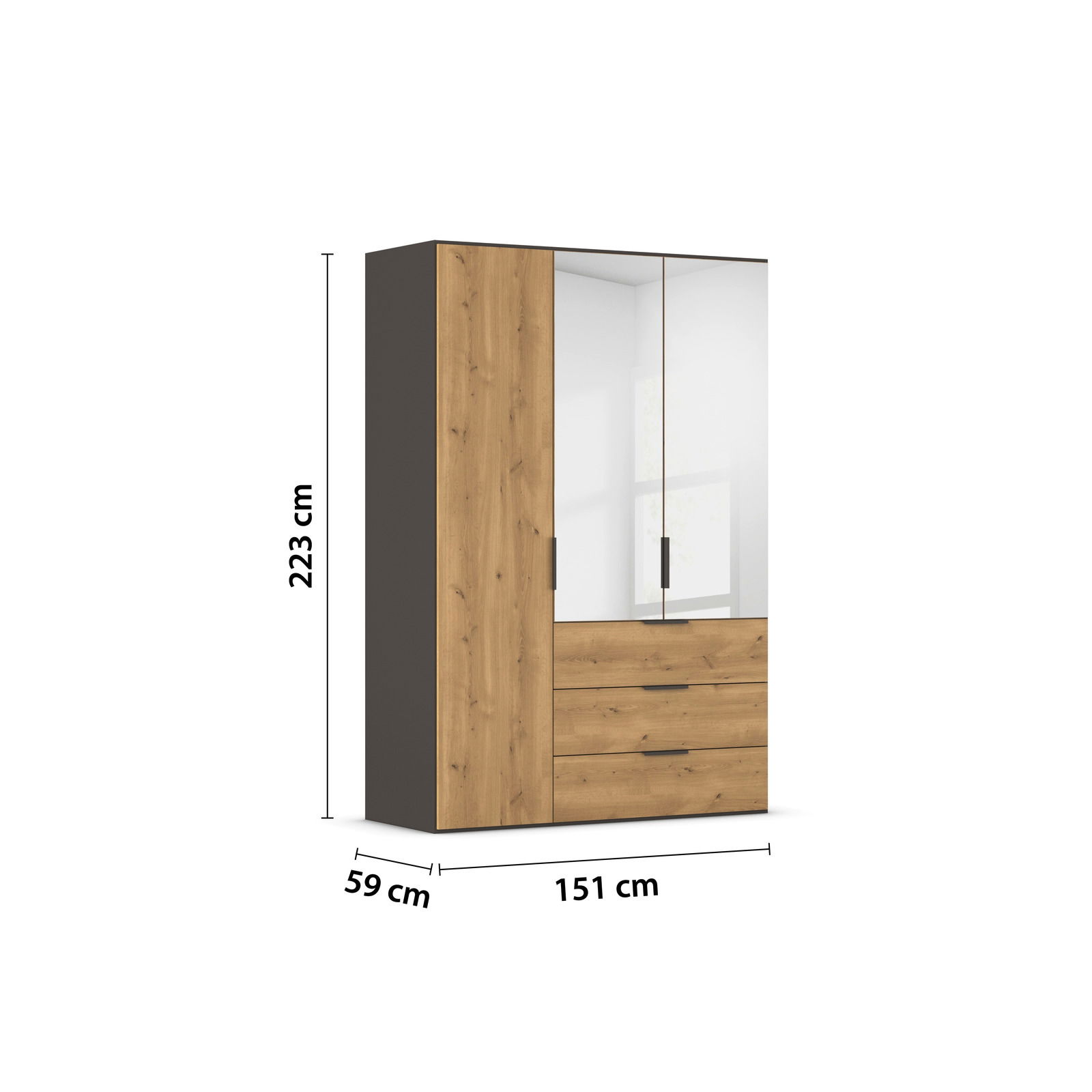 Moderner Kleiderschrank mit Holzoptik und Spiegeltüren, frontal abgebildet, Maße: 223 cm hoch, 151 cm breit, 59 cm tief.