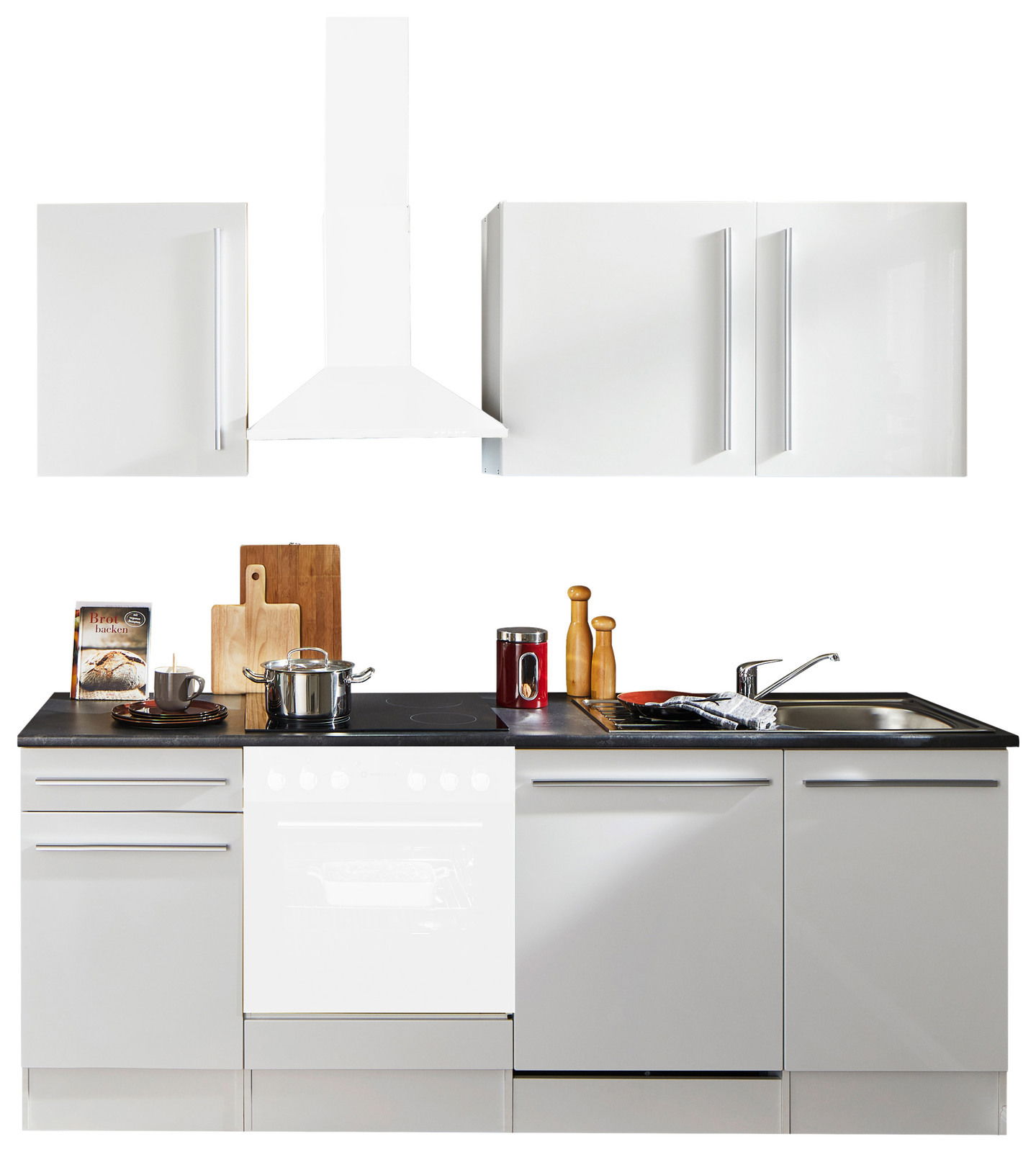 Yourkitchen Küchenblock 220 OHNE E-Geräte JAZZ Moderner Küchenblock in Weiß mit Hängeschränken, Dunstabzugshaube, Arbeitsplatte und Spüle, frontal betrachtet.