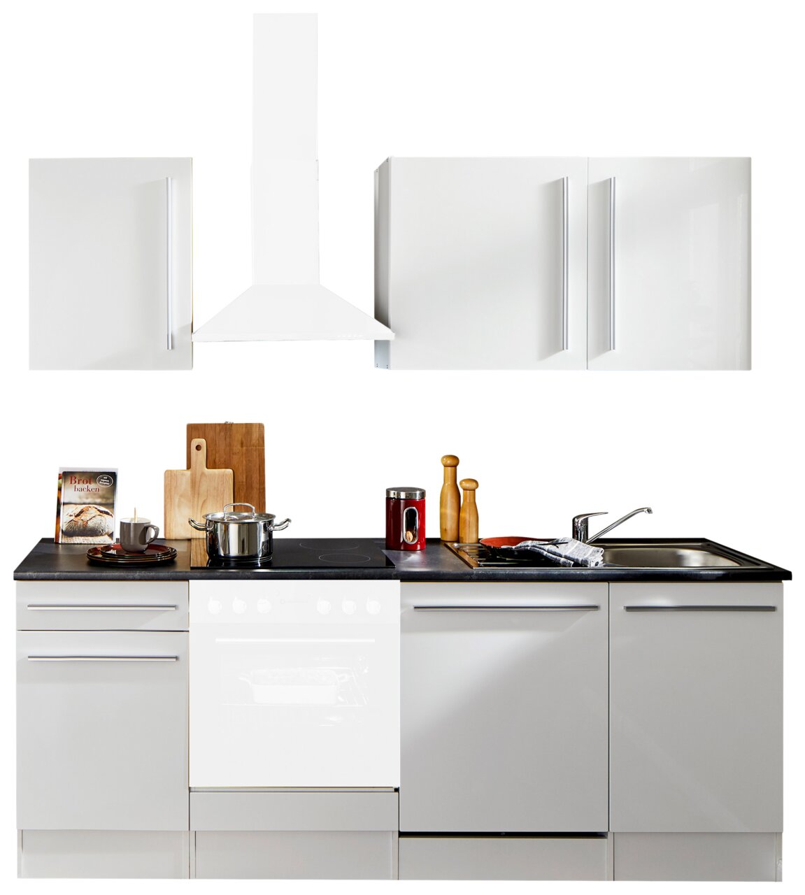 Yourkitchen Küchenblock 220 OHNE E-Geräte JAZZ Moderner Küchenblock in Weiß mit Hängeschränken, Dunstabzugshaube, Arbeitsplatte und Spüle, frontal betrachtet.