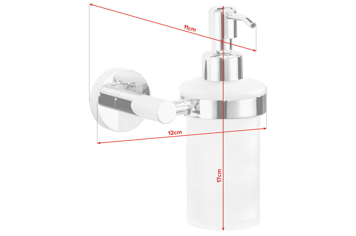 Wandmontierter Seifenspender aus Chrom und Glas, seitliche Perspektive