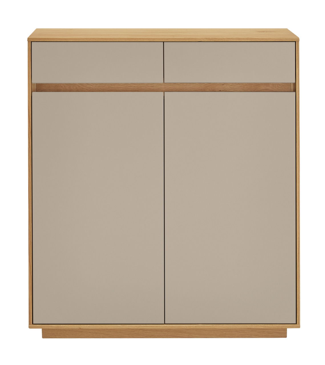 Moderner Schuhschrank aus Holz mit zwei Schubladen und zwei Türen, Frontalansicht